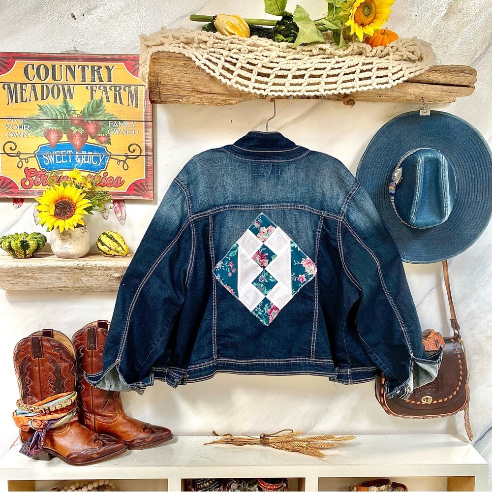 UPCYCLED patchwork stretchy rustic edge denim/jean jacket w western vibe